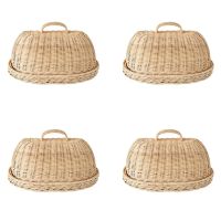 4X Rattan Storage Tray with Cover,Hand-Woven Wicker Baskets,Bread Fruit Food Breakfast Display Box,for Food, Fruit,Cake