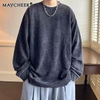 MAYCHEER เสื้อยืดแขนยาวผู้ชายวินเทจ,เสื้อกันหนาวแบบสวมหัวคอกลมทรงหลวมพอดีตัว