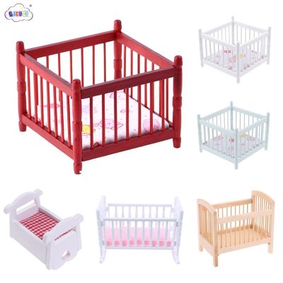 【YF】 1:12 Dollhouse Wooden Miniature Crib Model Furniture Accessories Decor Children Room Baby Bed Doll House Toys