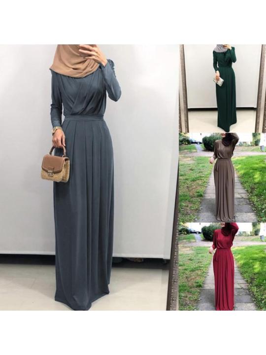 ผู้หญิงมุสลิมแขนยาว-abaya-maxi-ชุดสำหรับ-cross-ruched-v-คอ-belted-สูงเอวจีบ-robe-ramadan-ดูไบ-hijab-kaf