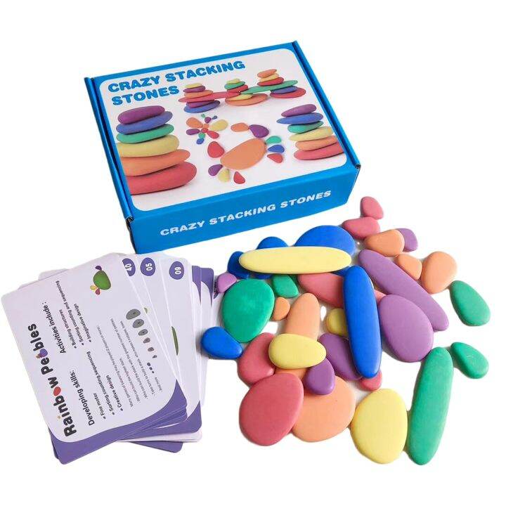 Stacking Stones Toy Wooden Rainbow Pebbles Montessori Toy With Cards