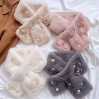 Korean Women Pearl Flowers Faux Rabbit Fur Collar Cross Plush Scarf Female Winter Outdoor Thicken Neck Protection Warm Shawl T612023