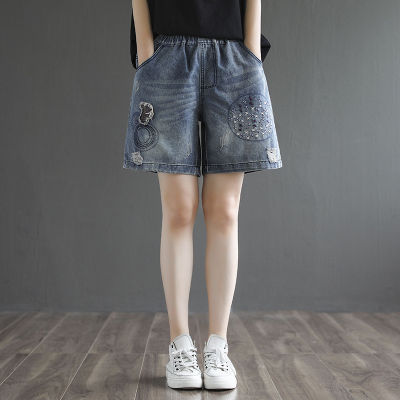 Women Summer Ripped Hole Denim Short Pants Vintage Patchwork Embroidered Stitching Elastic Waist Casual Female Jean Femme Shorts