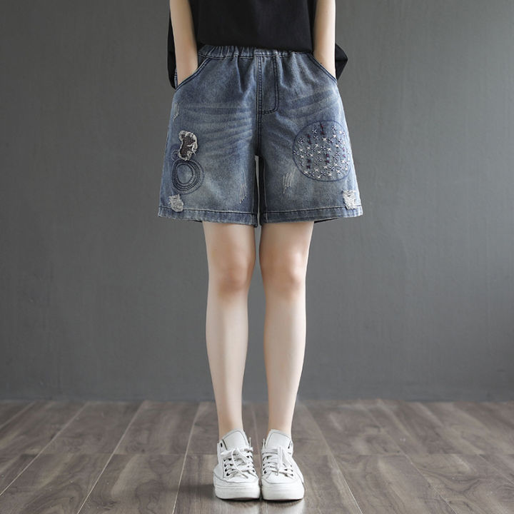 women-summer-ripped-hole-denim-short-pants-vintage-patchwork-embroidered-stitching-elastic-waist-casual-female-jean-femme-shorts