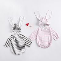 [COD] ins 2022 autumn clothes infants and young children baby girls striped long ear hat crawling two-piece romper