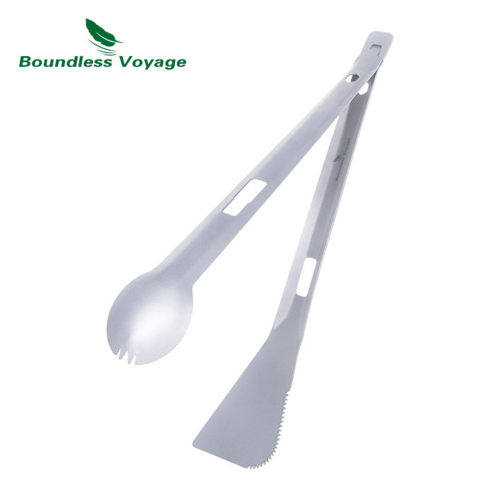 hot-boundless-voyage-titanium-alloy-multi-tong-spork-shovel-spatula-all-in-one-utensil-แบบพกพา-camping-bbq-ทำอาหารบนโต๊ะอาหาร
