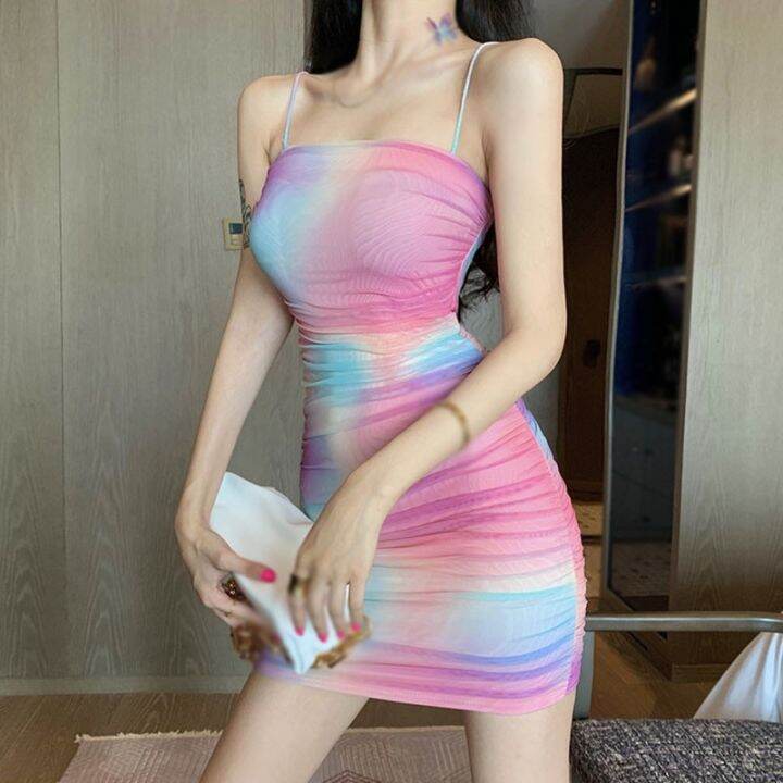 Beautyinggirls Rainbow Lace Gauze Tight Sexy Backless Sling Dress Women
