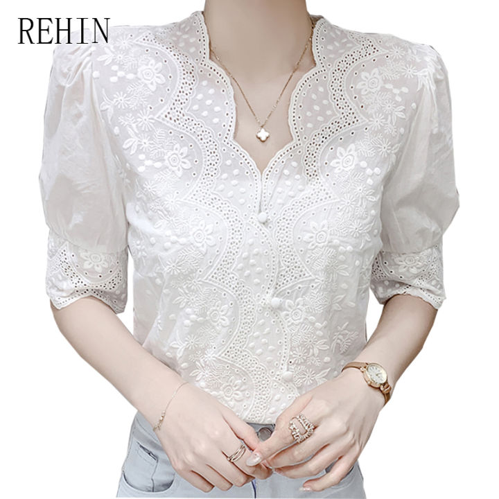 rehin-เสื้อสตรีลูกไม้คอวีแขนสั้นสีขาวหลวมเสื้อหรูหรา