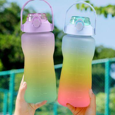 2 Liter Water Bottle with Straw Gradient Fitness Water Bottles Men Women Outdoor Gift Water Bottlesc with Time Marker Drinkware