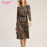 S.FLAVOR Vintage Print Dress Women Elegant Long Sleeve O Neck Party Vestidos Autumn Winter Slim Dress For Women  New Fashion