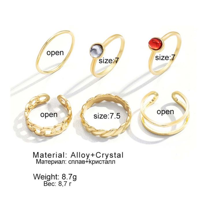 ชุดแหวนแหวนเชื่อมแหวนใส่นิ้วอัญมณีรูปหัวใจเครื่องประดับแฟชั่นสีทอง6ชิ้น-เซ็ตจากอัลลอยด์ของผู้หญิงหญิงสาวชุดแหวนเปิดสไตล์เกาหลี