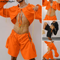 Beehoo INCERUN Mens Short Outfit Suit Long Sleeve Crop T Shirt &amp; Shorts Party Clubwear Set (สไตล์ตะวันตก)