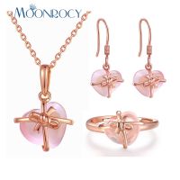 【lz】﹉♚  Conjunto de brincos e colar opala sintética para mulheres joias da moda cor ouro rosa cristal coração quartzo ross rosa