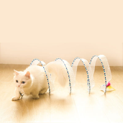 อุโมงค์ของเล่นแมวพับได้พร้อมอุปกรณ์สำหรับลูกแมวของเล่นสัตว์เลี้ยงแบบโต้ตอบขนนกสำหรับแมวในบ้าน
