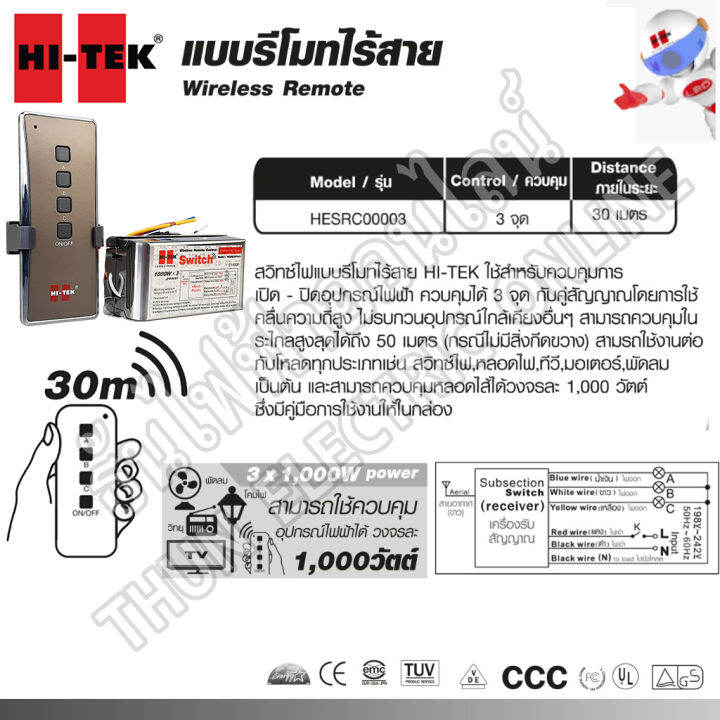 hi-tek-สวิทช์ไฟแบบรีโมทไร้สาย-ระยะ-30เมตร-รุ่น-htsr-0003-1-000-วัตต์-ควบคุมได้3จุด-สวิทช์เปิด-ปิด-อุปกรณ์ไฟฟ้า-อเนกประสงค์-รีโมท-ธันไฟฟ้า