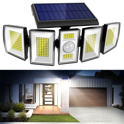 Solar Motion Sensor Lights Outdoor 5 Heads 300 LED Solar Street Lamp Waterproof 360° Adjustable Wide Angle Solar Security Lights