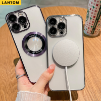 LANTOM Electroplated Magnetic สำหรับ iPhone 11 12 13 14 Pro Max 13 14 Plus X XR XS Max MagSafe กรณีโทรศัพท์หรูหราพร้อมเลนส์ฟิล์มใสและแข็ง