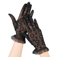 △ Adult Lace Floral Gloves Wedding Party Bride Mittens Sheer Lace Flash for Rhinestone Full Finger Gloves Cosplay Costume