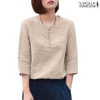 COD dhdfxcz ZANZEA Womens Korean 3/4 Sleeve O Neck Shirt Tee Solid Cotton Button Up Blouse