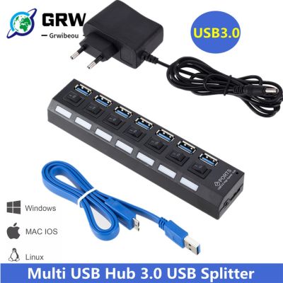 【ยืดหยุ่น】 USB 3.0 Hub USB Hub 3.0 Multi USB Splitter 3 Hab ใช้อะแดปเตอร์ไฟ7พอร์ตหลาย Expander 3.0ฮับ USB3พร้อมสวิตช์สำหรับพีซี