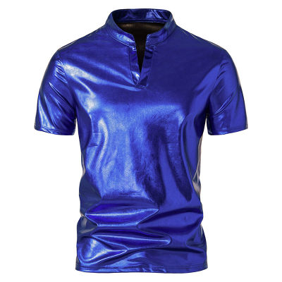 Shiny Royal Blue Metallic T เสื้อผู้ชายแขนสั้น70S Disco Dance Stage Streetwear เสื้อยืดไนท์คลับปาร์ตี้ Tee เสื้อ Homme XXL