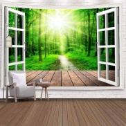 hot 3D Window Green Tree Forest Tapestry Wall Hanging Sunlight Wall Cloth