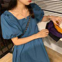 [including hat] dress foreign style Korean loose doll ins skirt square neck bubble sleeve A-line skirt