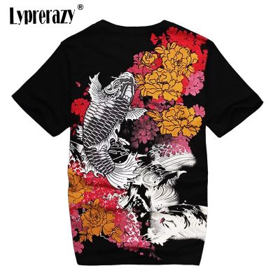 Lyprerazy Japanese Harajuku Ukiyoe Mens T-shirt Carp Fish Embroidery Chinese Style Vintage Embroidered Tattoo T Shirt
