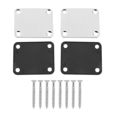 2 Pcs Guitar Metal Neck Plates with Plastic Mat for Strat Tele Style Electric Guitar Replacement, Chrome