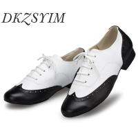 DKZSYIM New Latin Dance Shoes Adult Men White+Black Professional Salsa Shoes Leather Plus Size Low Heel Ballroom Tango Shoes