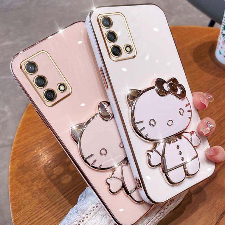 folding-makeup-mirror-phone-case-for-oppo-a74-4g-reno-6-lite-4g-a95-4g-f19-f19s-4g-case-fashion-cartoon-cute-cat-multifunctional-bracket-plating-tpu-soft-cover-casing