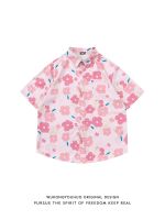 Summer Harajuku style floral pink short-sleeved shirt mens street loose bf style couple casual shirt 【BYUE】