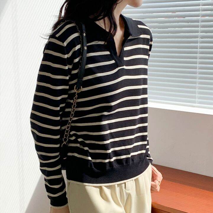 2022-new-polo-collar-sleeve-top-all-match-korea-fashion-tee-shirt