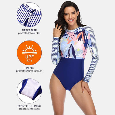 Charmo Womens One Piece Swimsuits Long Sleeve Rashguard Zip Up Back Swimwear UPF 50+Floral Swimsuit