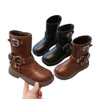 QBELY Sepatu Boots Anak Perempuan ใหม่สีดำกันลื่นสำหรับเด็ก,แฟชั่นอเนกประสงค์นุ่มสไตล์อังกฤษ Sepatu BOOT Pendek เจ้าหญิงสุดเท่ PU ฤดูใบไม้ผลิฤดูใบไม้ร่วง