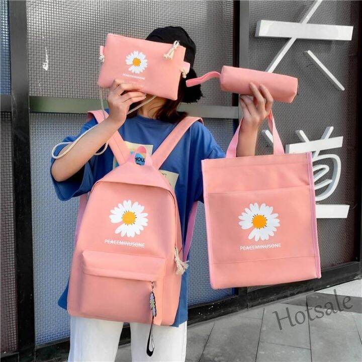 hot-sale-c16-4-in-1-backpack-set-daisy-canvas-school-student-galas-sekolah-bag-women-handbag-sling-bag-crossbody-tote-beg-pen-case-travel-shoulder-wanita-bahu-tangan-beg-korean-fashion-bag