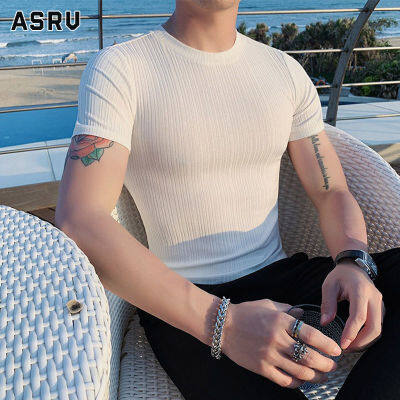 ASRV เสื้อยืดผู้ชาย เสื้อผ้าผู้ชาย t shirt for men เสื้อยืดผู้ชายผ้าไอซ์ซิลค์รัดรูปเสื้อแขนสั้นพอดีตัวเข้ารูปเสื้อผ้ายืดสไตล์อังกฤษสำหรับคอกลม