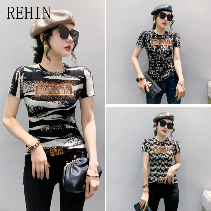 rehin-เสื้อยืดแฟชั่นฤดูร้อนใหม่สำหรับผู้หญิง-เสื้อยืดแขนสั้นปักลายตัวอักษรบางกลวงใส่ได้หลายโอกาส