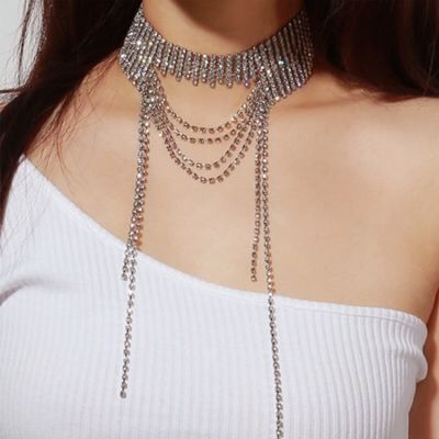 [COD] European and cross-border retro exaggerated personality irregular trendy necklace full of diamonds multi-layer tassel collarbone female