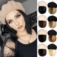 SHANGZI Bob Hat Wig 9.5 Inch Straight Short Synthetic Bobo Wigs Hat With Hair Natural Balck French Wool Artist  Attached