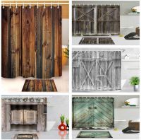 【CW】✜  Antique Wood Printed Shower Curtain Set Accessories cortina de la ducha