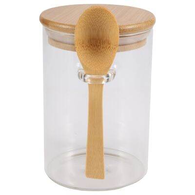 Glass Food Airtight Canister Castor Wooden Twist Lid Kitchen Candy Storage Tank Jar Bamboo Food Container with Wooden Spoon