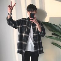 [COD] version of raw edge do old black and white long-sleeved plaid men women loose casual tide