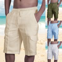 Casual Solid Linen Shorts Men Summer Multi-Pocket Fitness Sports Shorts Fashion Drawstring Elastic Waist Breathable Beach Shorts