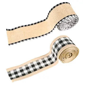 2Pcs White and Black Plaid Burlap Ribbon Wired Ribbon Christmas