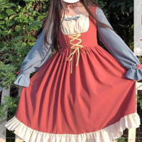 2021HOUZHOU Lolita Dress Woman Kawaii Cute Japanese Style Vintage Long Sleeve Dresses Patchwork Bandage Maid Outfits Party Robe