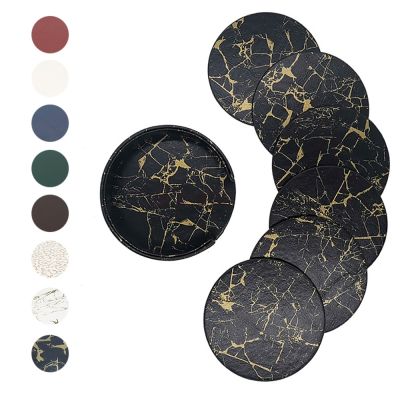 【CW】✚□  6PCS Hot Sale Leather Marble Coaster to Placemats Round Drink Cup Table Holder