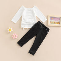 【Forever CY Baby】Toddler Girls 2Pcs Fall Outfits, Long Sleeve Ruched Drawstring Tops + Leather Pants Set