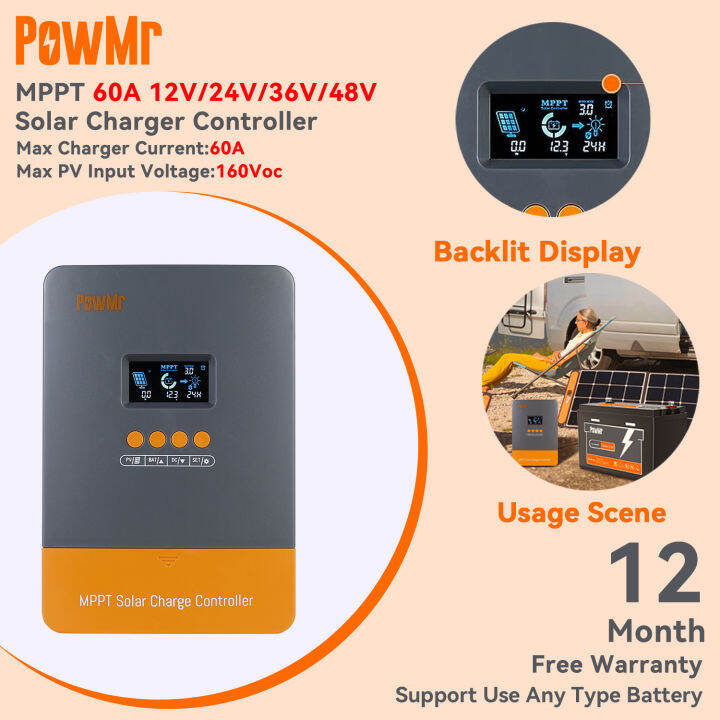 Powmr Mppt 60a Solar Charger Controller 12v 24v 36v 48v With Blacklight Lcd Regulator Max Pv 7213