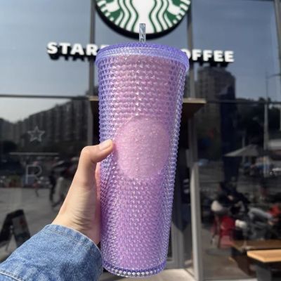 ถ้วยขาตั้งกล้อง Starbuck ของจีน Starbuck ทุเรียนถ้วยแก้วแบบมีหลอดไล่ระดับสีรุ้งแก้วน้ำพลาสติก710มล. ความจุมาก